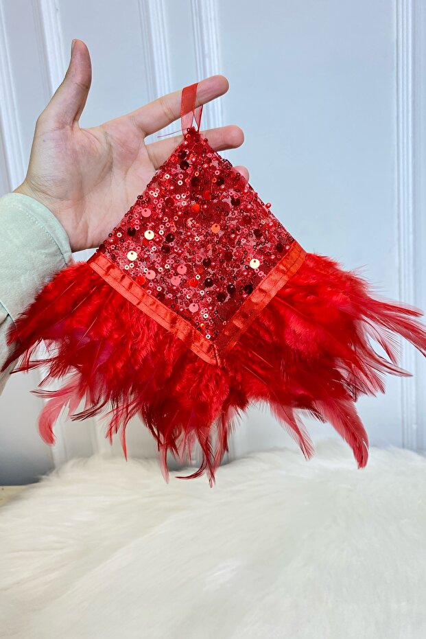 Red Authentic Vip Bridal Handkerchief, Halay Handkerchief, Beaded Pearl Sequins and Feather Detail
