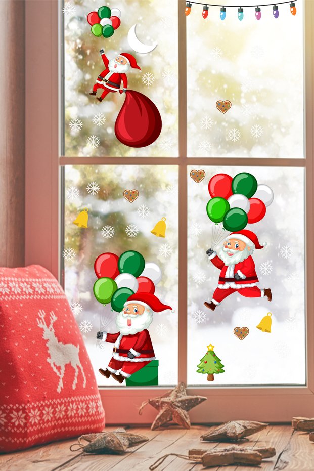 Christmas Fathers Flying with Balloons and Snowflakes New Year's Window Sticker