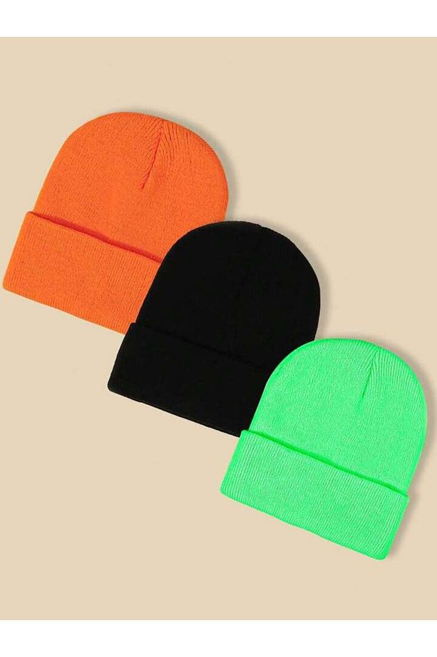Turuncu Siyah Yeşil Üçlü Set Unisex Katlamalı Triko Düz Bere - 2