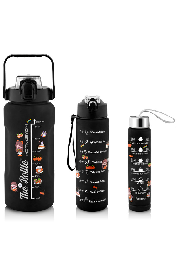Motivational Water Bottle 3-Piece Water Bottle 2 Liter Water Bottle + 750 Ml + 300 Ml Athlete Water Bottle with Puppy
