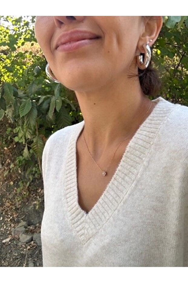 V Yaka Bol Kesim Basic Uzun Kollu Triko Kazak-Ekru - 5