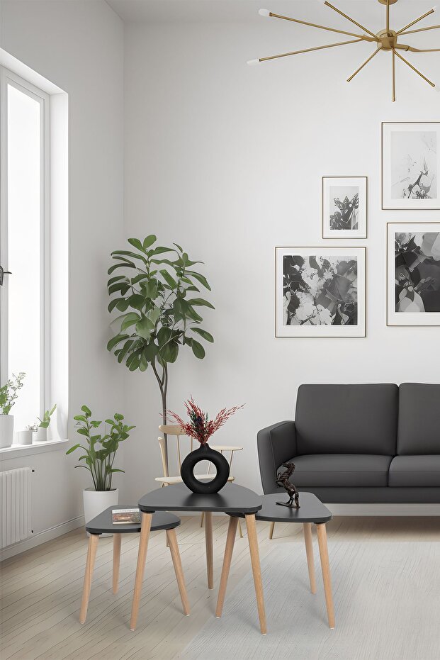 Flora Roll Sehpa Ahşap Ayaklı Üçlü Zigon - 1