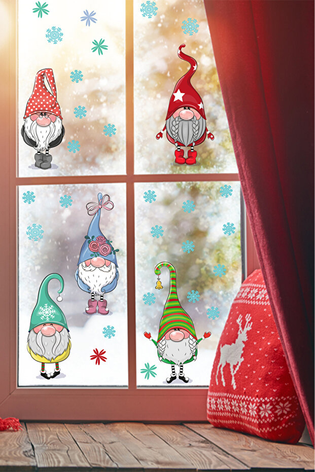 Christmas Sticker Cute Gnomes and Snowflakes Decorative Window Sticker