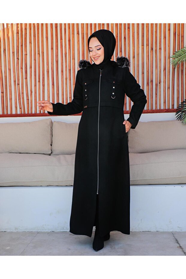 Women's Hooded Lined Full Length Ankle Elastic Cashmere Coat Customy1446