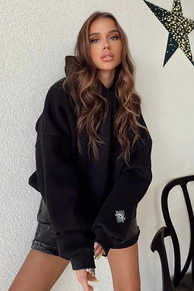 Unisex Black 3 Thread Eye Printed Oversize Hooded Sweatshirt