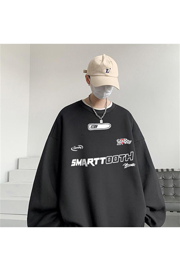سويت شيرت برقبة دائرية أسود للجنسين مطبوع من Smarttooth