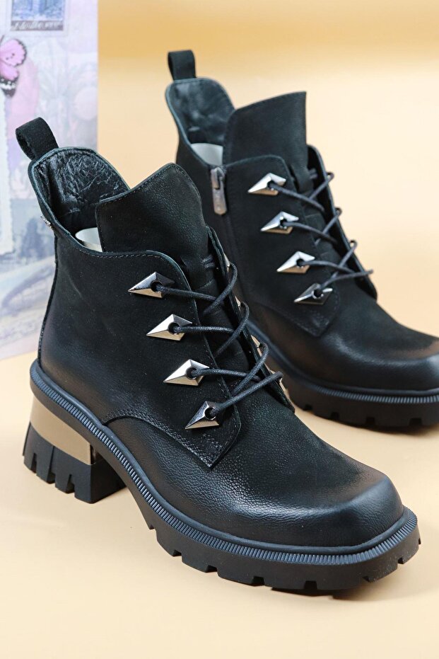 Venus - 2353904 Black Genuine Leather Short Heel Women's Boots