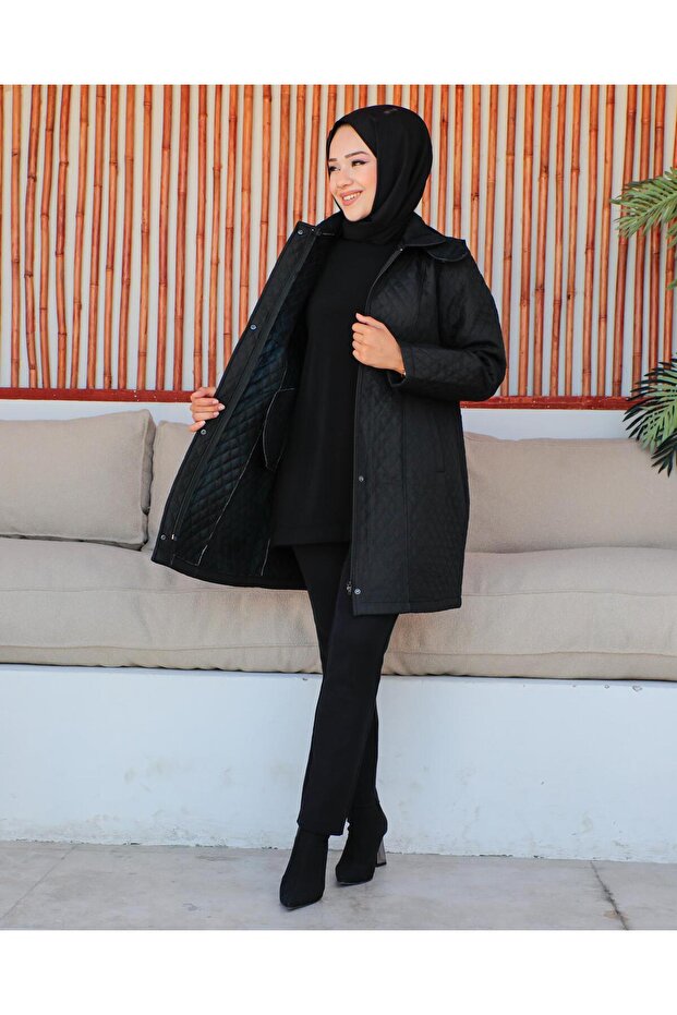 Mother Women's Large Size Thin Diamond Patterned Zippered Snap Fastener Fleece Inside Quilted Coat