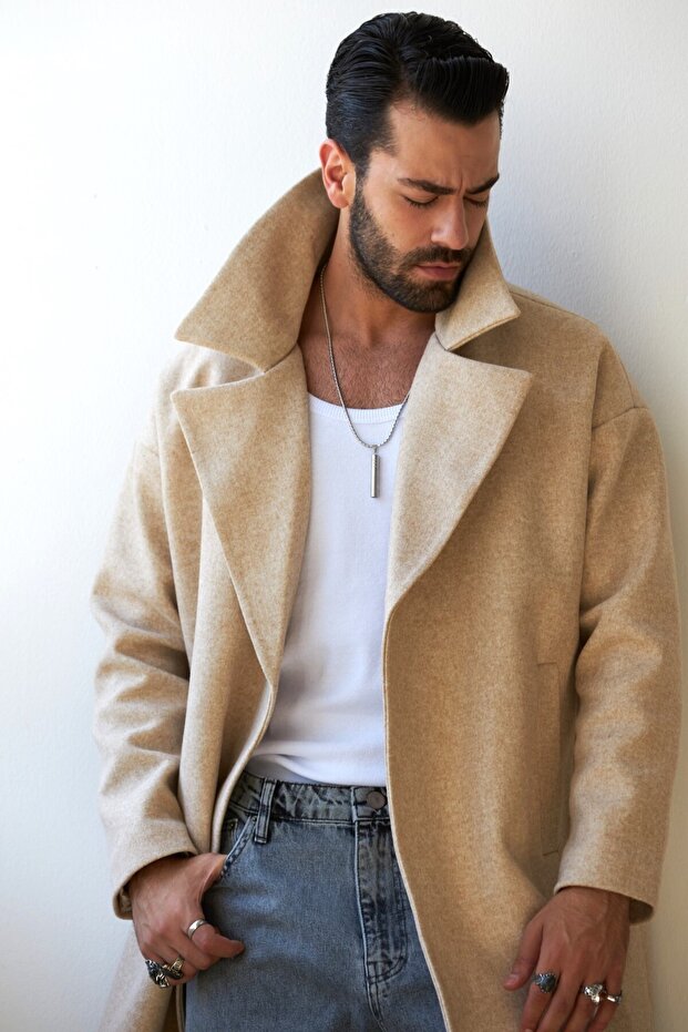 معطف رجالي طويل بدون غطاء للرأس، مزيج من الصوف باللون البيج - 7