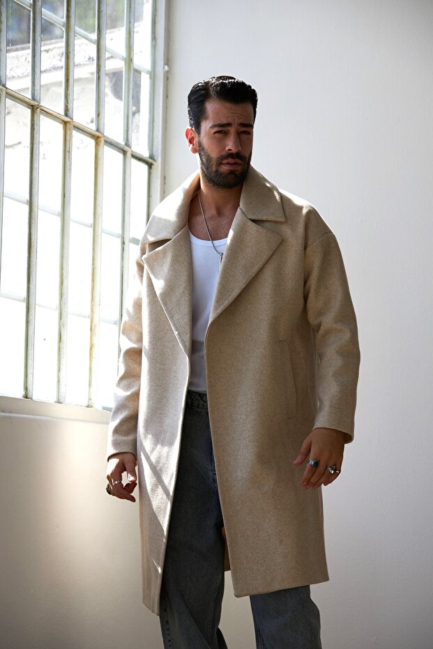 معطف رجالي طويل بدون غطاء للرأس، مزيج من الصوف باللون البيج - 5