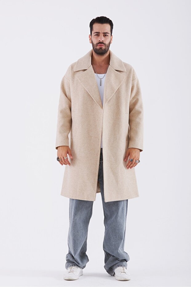 معطف رجالي طويل بدون غطاء للرأس، مزيج من الصوف باللون البيج - 1