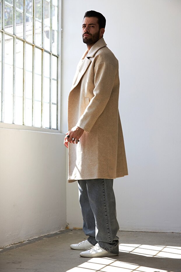 معطف رجالي طويل بدون غطاء للرأس، مزيج من الصوف باللون البيج - 6