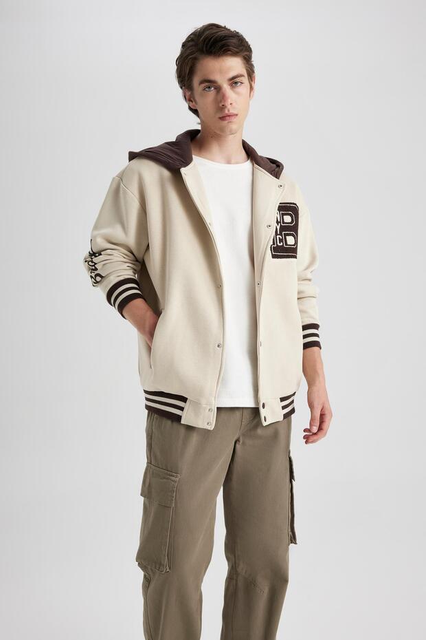 Oversize Fit College Collar Bomber Printed Soft Lined Cardigan