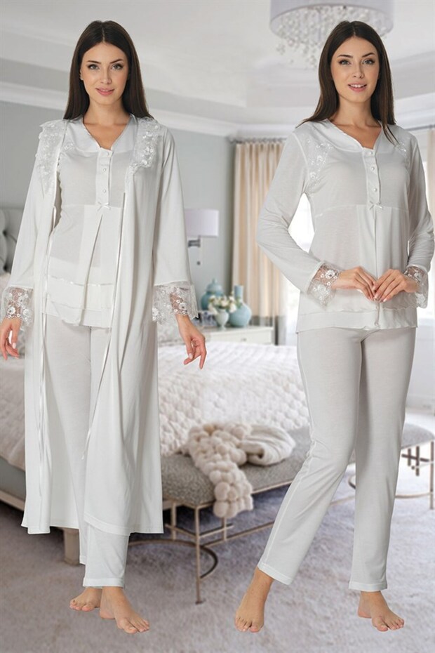 Women's Design Ecru Lace Detailed Cotton Maternity Maternity Dressing Gown Pajama Set