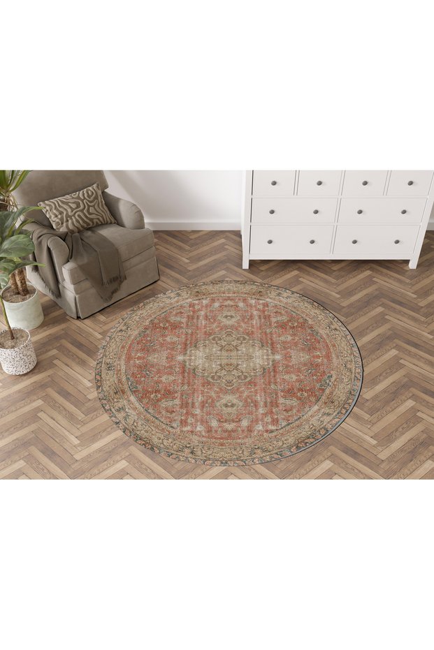 Mira Round Red Traditional Flower Motif Pattern Woven Base Decorative Carpet
