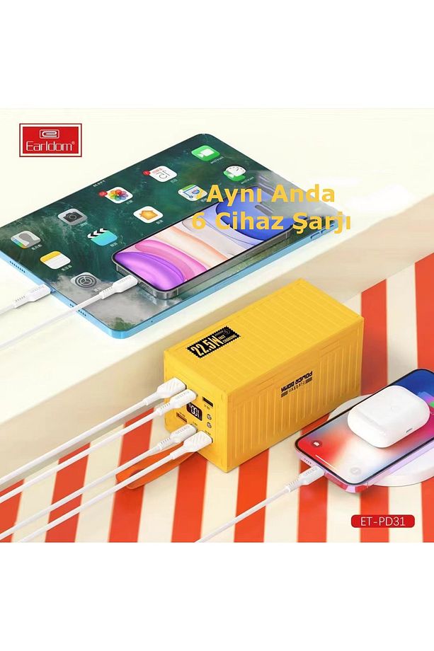 60.000 mAh PD 22.5W Hızlı Şarj 6 Port Çıkışlı Kamp Powerbank Dijital Göstergeli El Askılı Şarj Aleti - 3