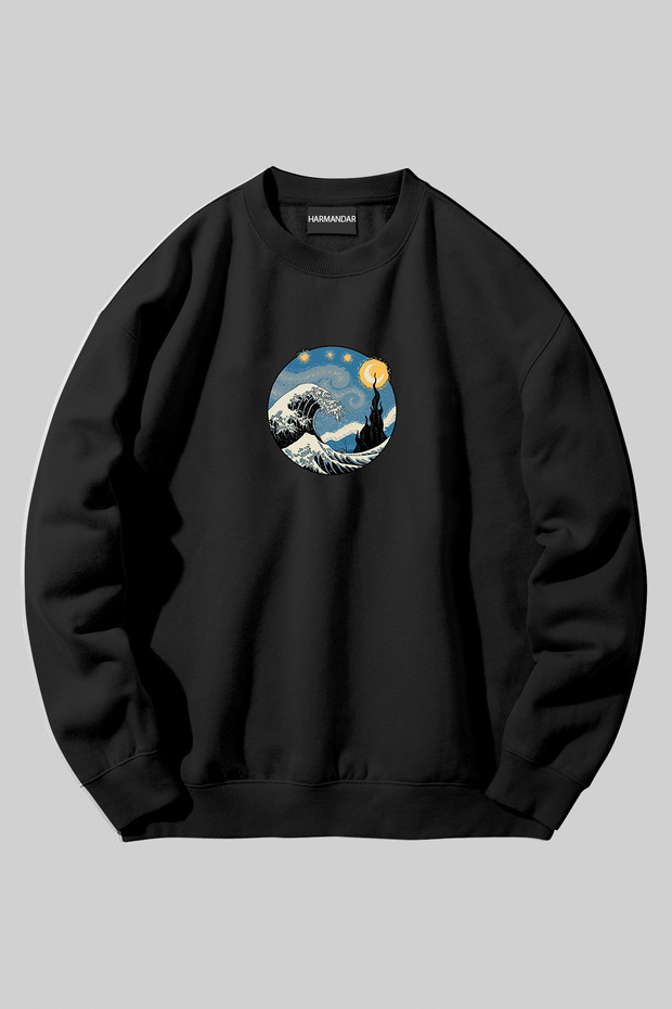 Starry Night Wave - Wave Printed Black Unisex Crew Neck Sweatshirt