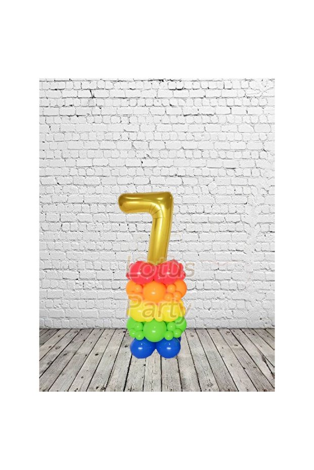 7 Year Birthday Balloon Set - Red - Navy Blue - Orange - Yellow - Green Balloon - Gold Number Balloon