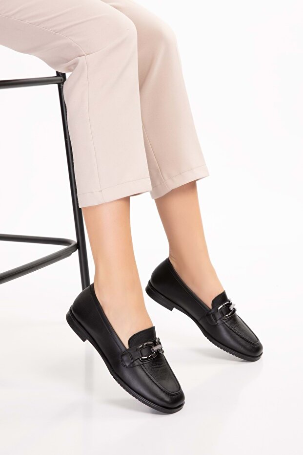 Genuine Leather Women's Square Toe Loafer esl.b06 Black