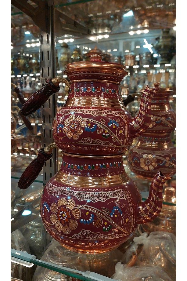 Bakır Çaydanlık El Işlemesi Çiçek Desenli LilaMor Renk Erzincan İşlemeli Büyük Aile Boy Bakır Demlik - 1