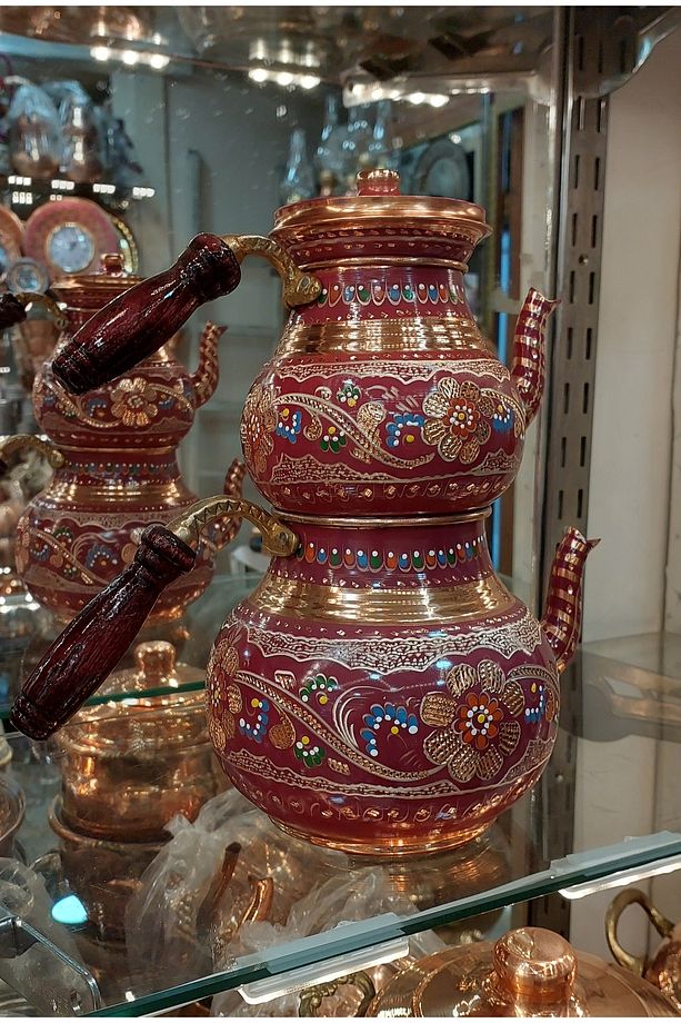 Bakır Çaydanlık El Işlemesi Çiçek Desenli LilaMor Renk Erzincan İşlemeli Büyük Aile Boy Bakır Demlik - 3
