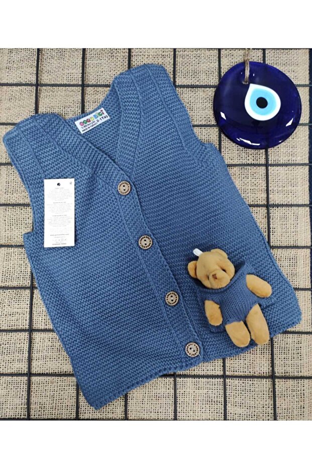 Teddy Bear Detailed Buttoned Knitwear Vest for Boys and Boys