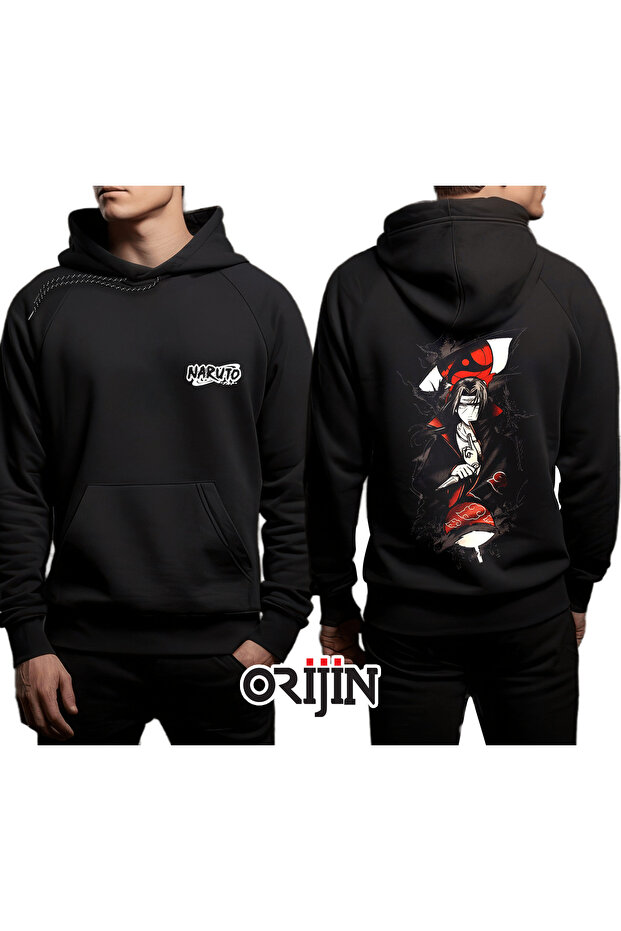 سترة بغطاء رأس سوداء مطبوعة من الأمام والخلف من Naruto Itachi Crows