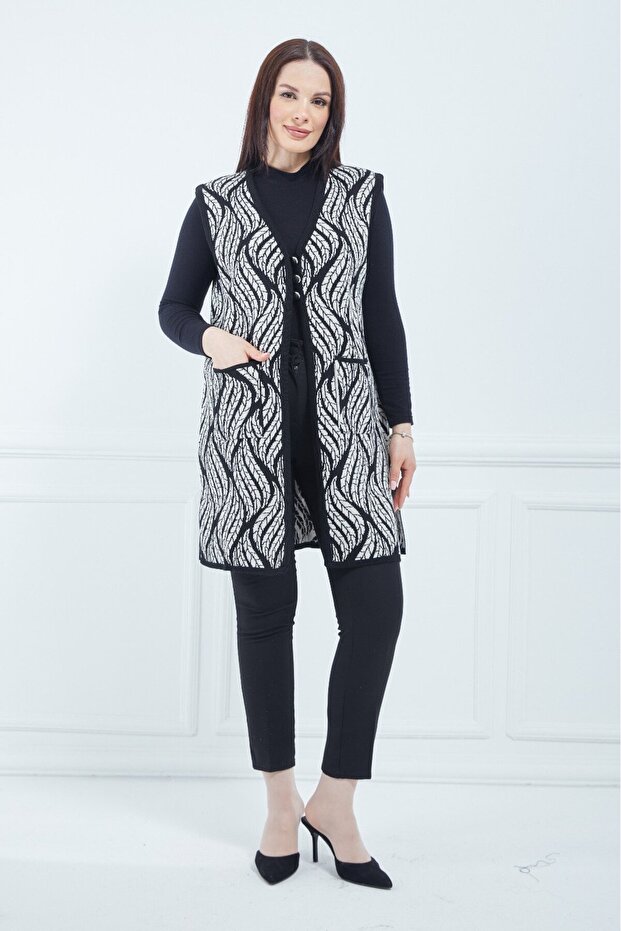 Women's Cream Patterned Long Winter Knitwear Mother Vest with Pockets