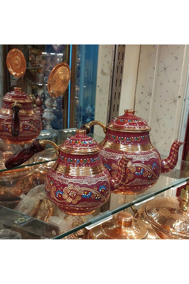 Bakır El Işlemeli Bakır Renkli Demlik No:2 Çiçek Desenli Çaydanlik, Çaydanlık Emaye - 5