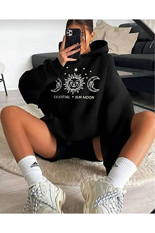 LUNAVISITA Women's Black Celestial Sun Moon Sweatshirt