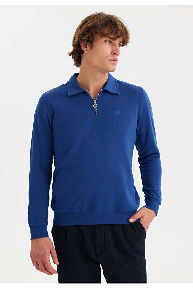 Blue Half Zipper Polo Collar Cotton Regular Fit Men's Sweatshirt CORE