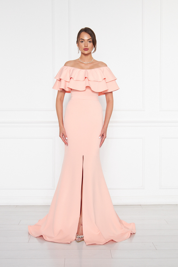 Flexible Scuba Fabric Madonna Neck Slit Maxi Length Fish Model Plus Size Powder Evening Dress 164
