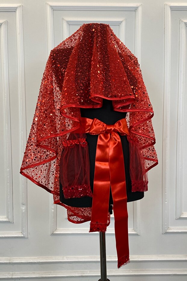 Red Authentic Vip Bridal Veil Set, Complete Sequins Beads Pearls Glowing Henna Veil Set 6 Pieces