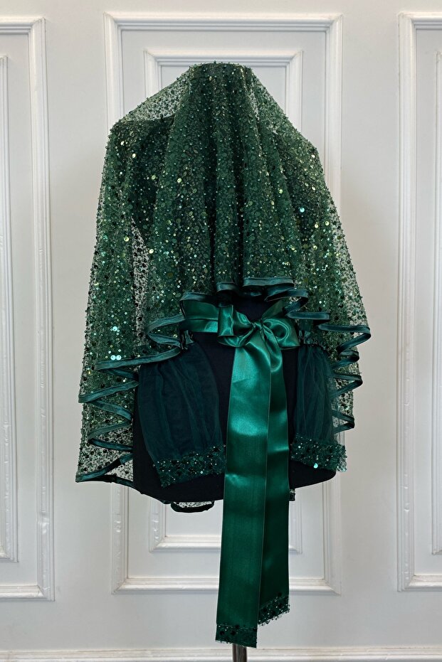 Emerald Green Authentic Vip Bridal Veil Set, Complete Sequins Beads Pearls Shimmer Henna Veil Set 6 Pieces