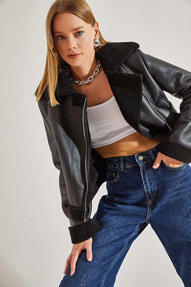 Women's Black Plush Leather Coat 40971012