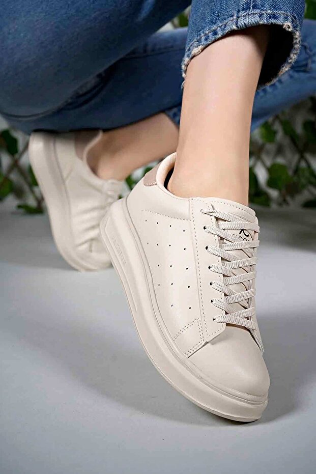 ®| Medusa Kadın Ekru Kalın Yüksek Taban Hafif Günlük Yürüyüş Spor Ayakkabısı ve Sneaker - 5