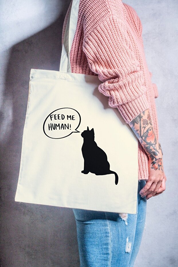 Cat Themed Special Design Printed Organic a Quality Raw Cloth Bag (Cream Color)