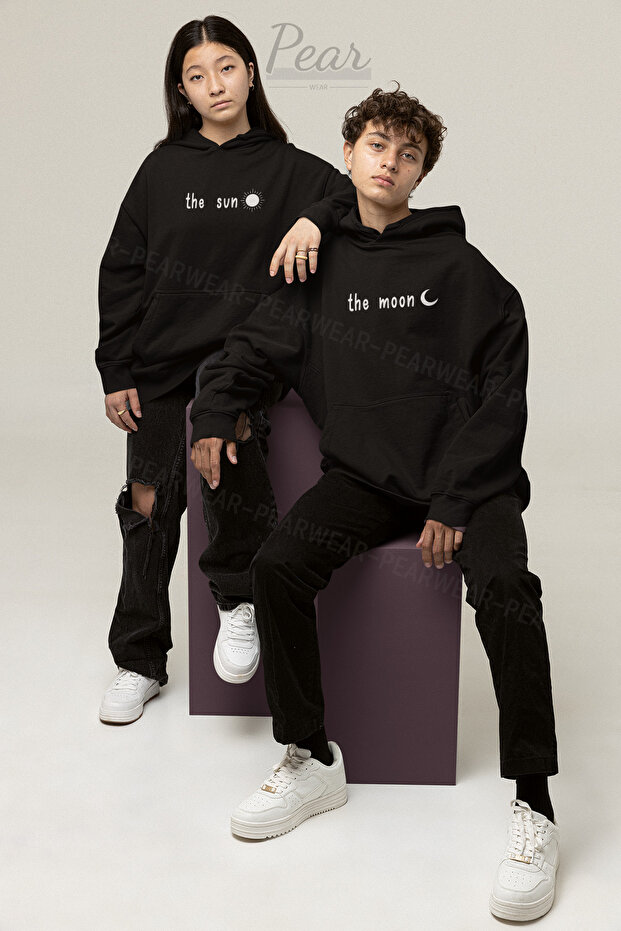The Moon The Sun Printed Sun Moon 3 Thread Raster Lover Set Oversize Hooded Couple Sweatshirt