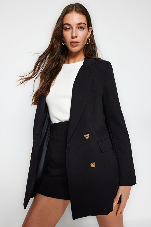 Siyah Oversize Astarlı Düğmeli Dokuma Blazer Ceket TWOAW22CE0167 - 1