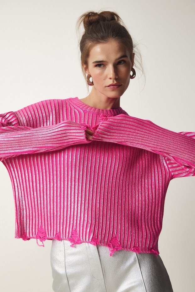 Woman's Pink Shiny Knitwear Sweater with Ripped Detail PF00021