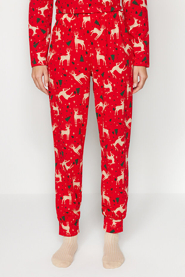 Kırmızı %100 Pamuklu Yılbaşı Temalı Örme Pijama Takımı THMAW21PT0771 - 4