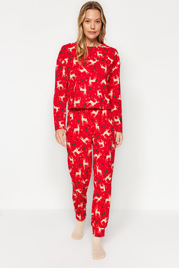 Kırmızı %100 Pamuklu Yılbaşı Temalı Örme Pijama Takımı THMAW21PT0771 - 1