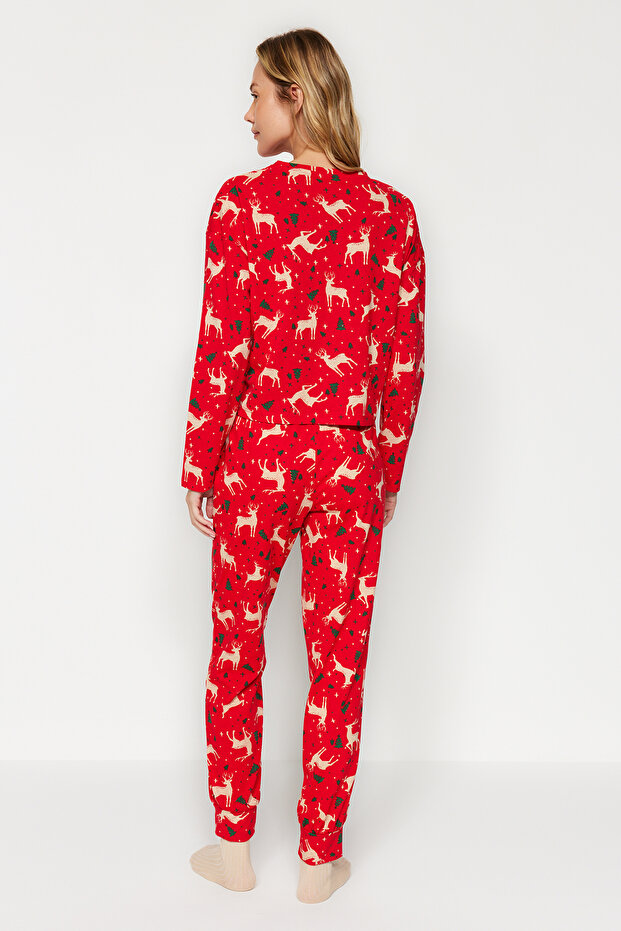 Kırmızı %100 Pamuklu Yılbaşı Temalı Örme Pijama Takımı THMAW21PT0771 - 5