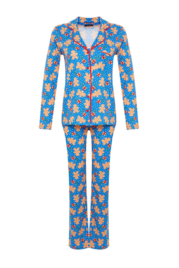 Mavi %100 Pamuklu Yılbaşı Temalı Örme Pijama Takımı THMAW22PT1204 - 7