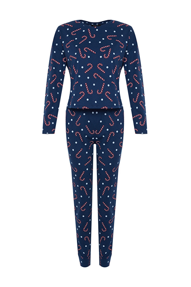 Lacivert %100 Pamuklu Yılbaşı Temalı Örme Pijama Takımı THMAW21PT0771 - 8