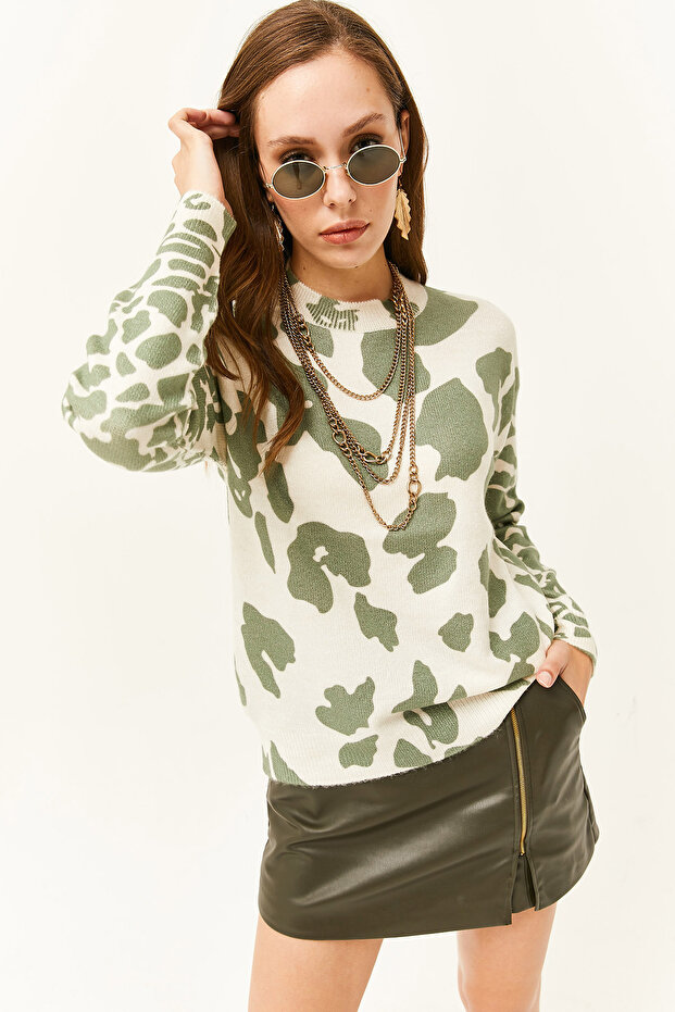 Women's Ecru Green Crew Neck Patterned Soft Textured Knitwear Sweater KZK-19000611