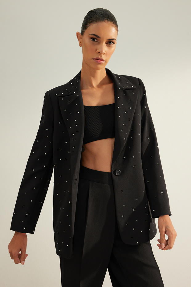 Fekete, szabályos szövésű, kővel bélelt részletes blézerkabát TWOAW24BC00078 - 3