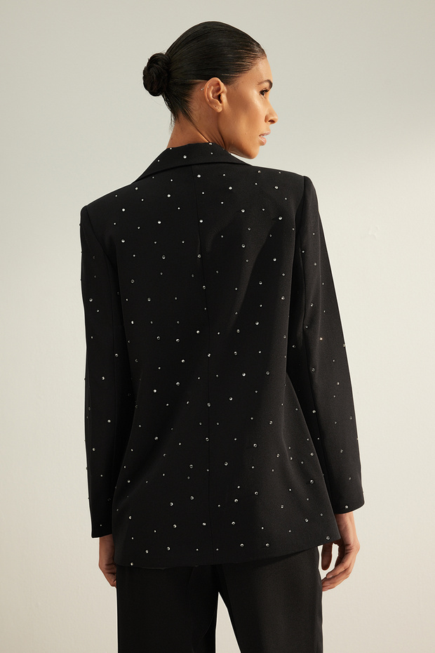 Fekete, szabályos szövésű, kővel bélelt részletes blézerkabát TWOAW24BC00078 - 6