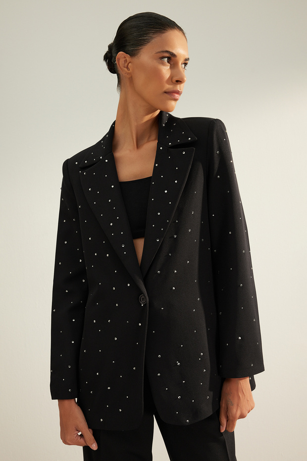 Fekete, szabályos szövésű, kővel bélelt részletes blézerkabát TWOAW24BC00078 - 1
