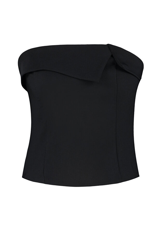 Siyah Straplez Yaka Detaylı Crop Dokuma Bluz TWOAW24BZ00420 - 7